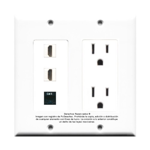 Placa Tapa 2 Gang Decora 2 HDMI 4k + Jack RJ45 Cat5e + Contacto Eléctrico Dual en ABS