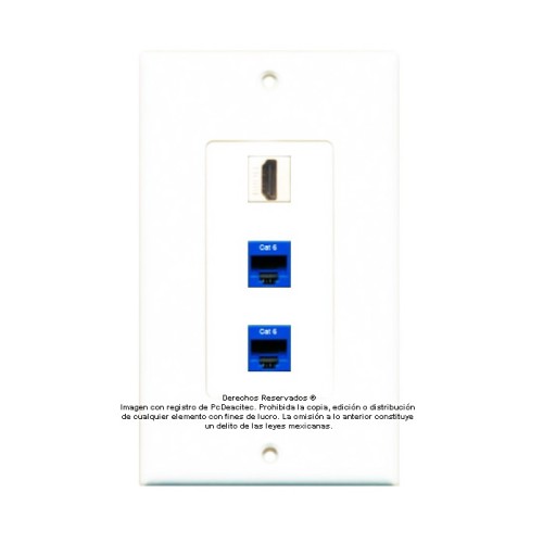 Placa Tapa Decora HDMI 4k keystone + 2 Jack RJ45 Cat6 en ABS