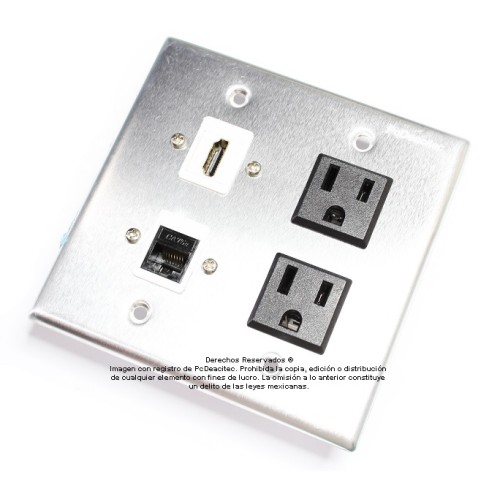 Placa Tapa HDMI 4k + Jack RJ45 Cat5e + 2 Contactos Eléctricos en Al