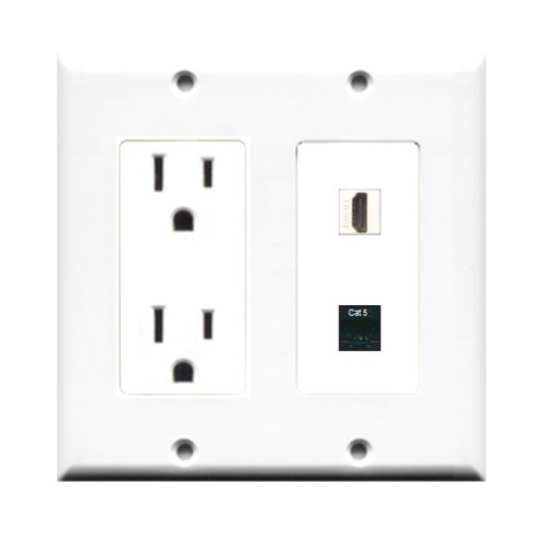 Placa Tapa 2 Gang Decora HDMI 4k + Jack RJ45 Cat5e + Contacto Eléctrico Dual en ABS