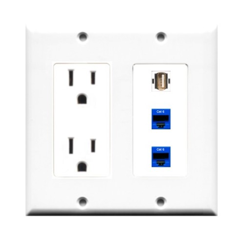 Placa Tapa Contacto Eléctrico Dual + USB 2.0 + 2 Jack RJ45 Cat6 en ABS