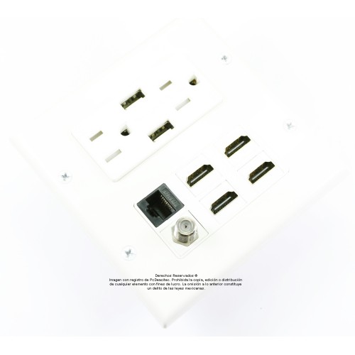 Placa Tapa Decora Contacto Eléctrico Dual + 2 USB carga + 4 HDMI 4k + Cople Jack RJ45 Cat6 + Conector roscado F