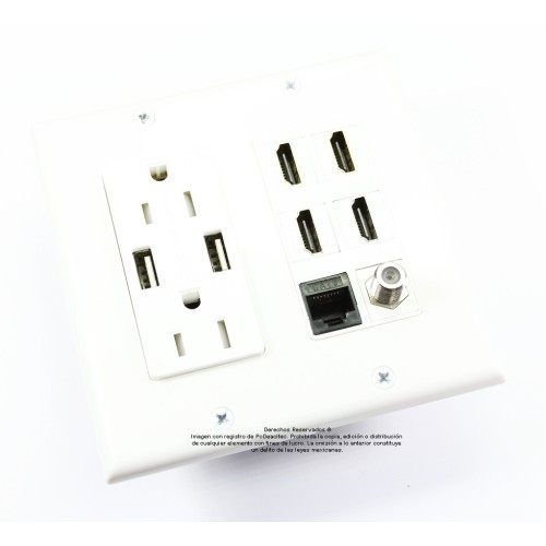 Placa Tapa Decora Contacto Eléctrico Dual + 2 USB carga + 4 HDMI 4k + Cople Jack RJ45 Cat6 + Conector roscado F