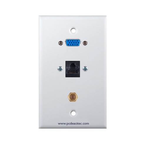 Placa Tapa VGA + Jack RJ45 Cat5e + antena coaxial F en ABS