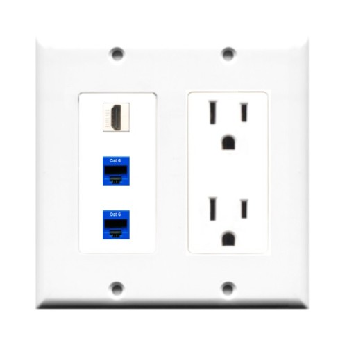 Placa Tapa Decora HDMI + 2 Jacks RJ45 Cat6 + Contacto Eléctrico Dual en ABS