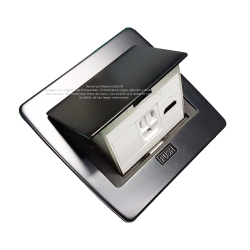 Caja modular retráctil multipuertos para mesa o piso, tapa en negro 202010 Caja modular retráctil multipuertos para mesa o piso, tapa en negro 202010