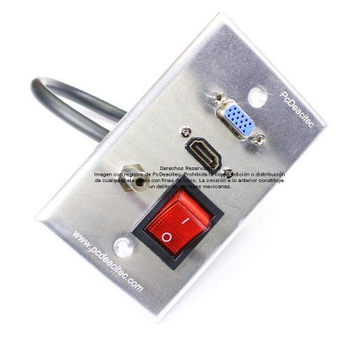 Placa Tapa VGA + HDMI 4k pigtail + Audio Jack 3.5 mm +  Interruptor 1 polo 2 tiros en Aluminio