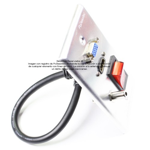 Placa Tapa VGA + HDMI 4k pigtail + Audio Jack 3.5 mm +  Interruptor 1 polo 2 tiros en Aluminio