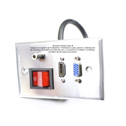 Placa Tapa VGA + HDMI 4k pigtail + Audio Jack 3.5 mm +  Interruptor 1 polo 2 tiros en Aluminio