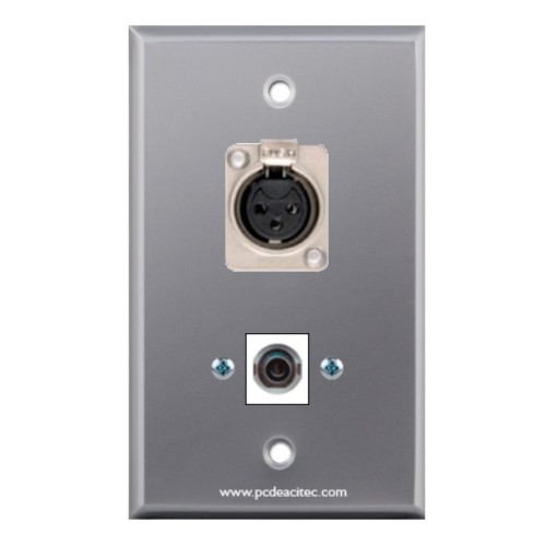 Placa Tapa Metálica XLR soldable hembra + Jack 3.5 mm audio Keystone en Aluminio