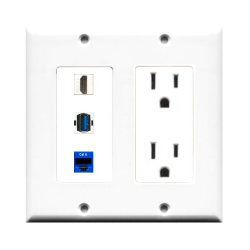 Placa Tapa Decora HDMI 4k + USB 2.0 + Jack RJ45 Cat6 + Contacto Eléctrico Dual en ABS