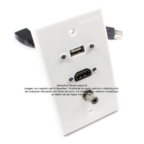 Placa Tapa USB 2.0 pigtail + HDMI 4k pigtail + Audio Jack 3.5 mm en ABS