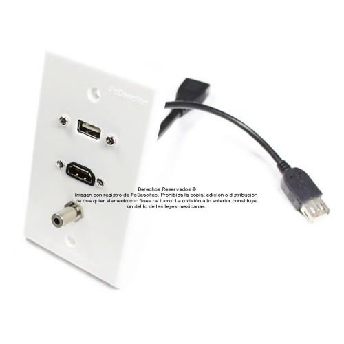 Placa Tapa USB 2.0 pigtail + HDMI 4k pigtail + Audio Jack 3.5 mm en ABS