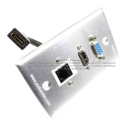 Placa Tapa VGA + HDMI 4k pigtail + Jack RJ45 Cat5e ponchable en Aluminio