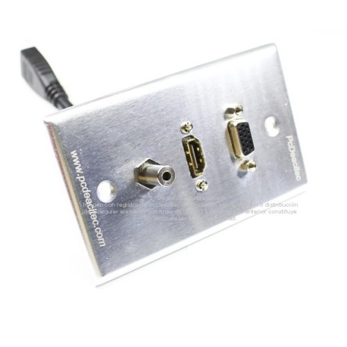 Placa Tapa VGA con prisioneros + HDMI 4k pigtail + Audio Jack 3.5 mm en Aluminio