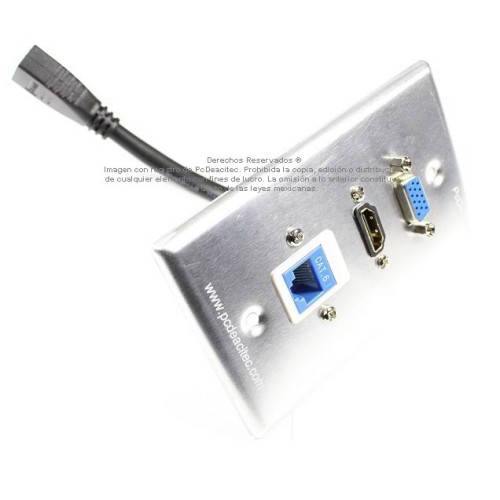 Placa Tapa VGA + HDMI 4k pigtail + Jack RJ45 Cat6 ponchable en Aluminio