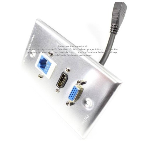 Placa Tapa VGA + HDMI 4k pigtail + Jack RJ45 Cat6 ponchable en Aluminio