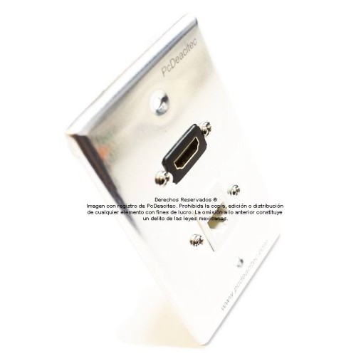 Placa Tapa HDMI 4K pigtail + Jack RJ45 Cat5e cople en Aluminio