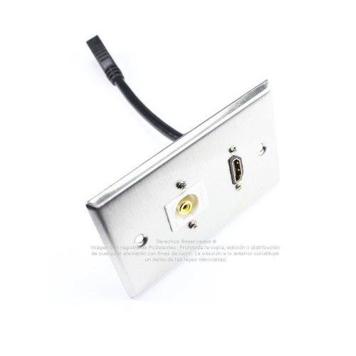 Placa Tapa HDMI 4k pigtail + Jack RCA en Acero Inoxidable