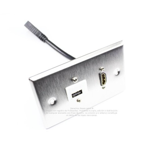 Placa Tapa HDMI 4k pigtail + USB de carga 5V 1A en Acero Inoxidable