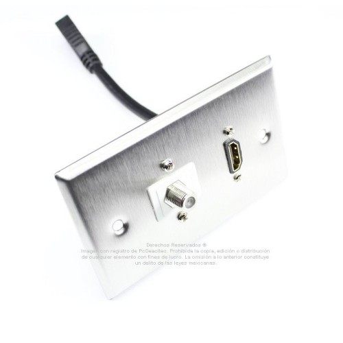 Placa Tapa HDMI 4k pigtail + Coaxial tipo F para antena en Acero Inoxidable