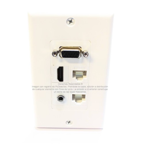 Placa Tapa Decora VGA + HDMI 4k + Audio Jack 3.5 mm con opresores + 2 Cat5e cople en ABS