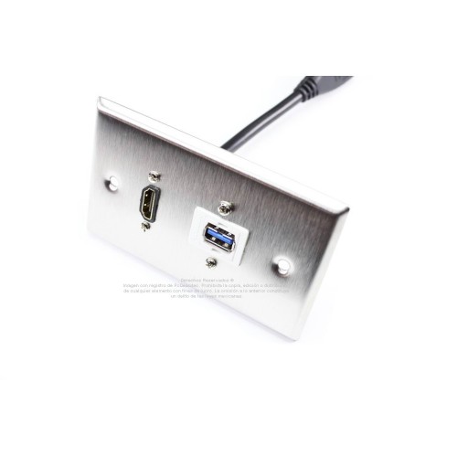 Placa Tapa HDMI 4k pigtail + USB 3.0 en Acero Inoxidable