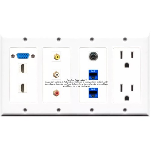 Placa Tapa Decora VGA + HDMI 4 k + 3 RCA + 2 Jack RJ45 Cat6 + Jack audio 3.5 mm +Contacto Eléctrico Dual en ABS