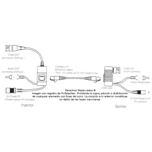 Extensor Balun de Video y Audio con soporte para energía 100 m UTP para CCTV