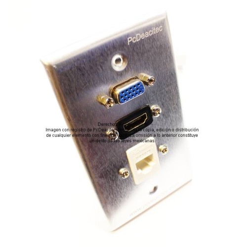 Placa Tapa VGA + HDMI 4k pigtail + Jack RJ45 Cat5e cople en Aluminio
