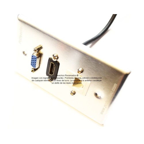 Placa Tapa VGA + HDMI 4k pigtail + Jack RJ45 Cat5e cople en Aluminio