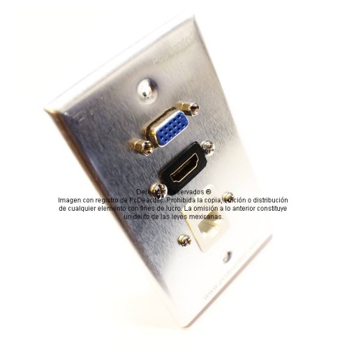 Placa Tapa VGA + HDMI 4k pigtail + Jack Cat3 RJ11 en Aluminio
