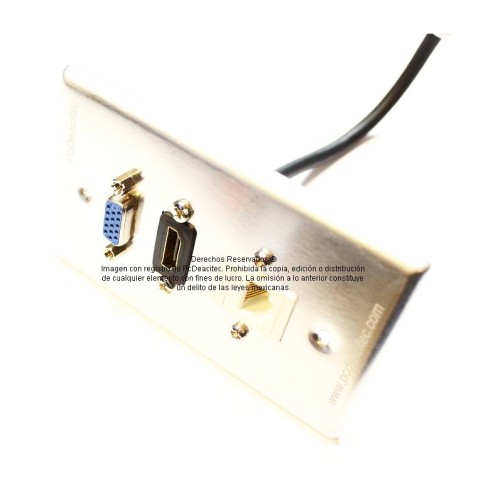 Placa Tapa VGA + HDMI 4k pigtail + Jack Cat3 RJ11 en Aluminio